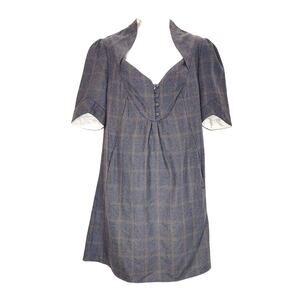 In God We Trust Wool Mini Shift Dress Button Front Checked Gray Womens Size 6